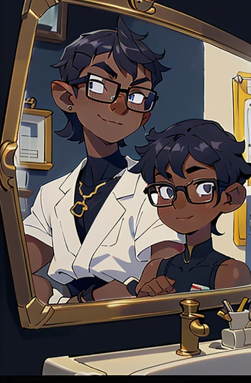 ((master part, alta qualidade, best quality, Altas, 
smiling, curly hair, short hair, glasses, white skin, looking in the mirror, black and white colors, boy
nose and mouth of a black person,
small golden piercings in the ears, with side-shaved hair,
half Brazilian and half black, 18 years old, looking younger,
very curly and defined dark hair, boy