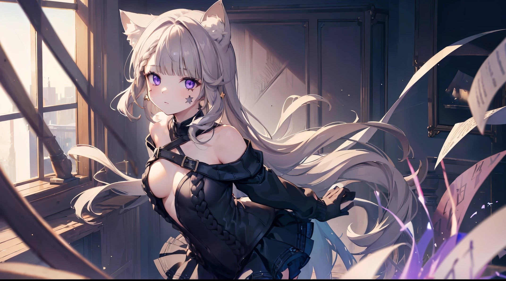 (((4k, masterpiece, top-quality))) ,8k, best quality, high resolution, HD, (arms behind back:1.2), unity 8k wallpaper, (((illustration))), beautiful detailed eyes, extremely detailed face, perfect lighting, extremely detailed CG, 1girl, solo, animal ears, sweater, breasts, cleavage, white sweater, off shoulder, cat ears, skirt, pleated skirt, animal ear fluff, bare shoulders, off-shoulder sweater, lynette, cat ears, (purple eyes:1.2), brown hair, (((star, single star on left cheek))),