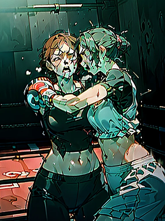 girl boxer, (((boxing gloverown skin, two women, absent-minded, ((being punched by another girl)), ((belly punch))), sweat and saliva all over the body, inferiority, on the verge of fainting, steam,  (((boxing play)), body blow