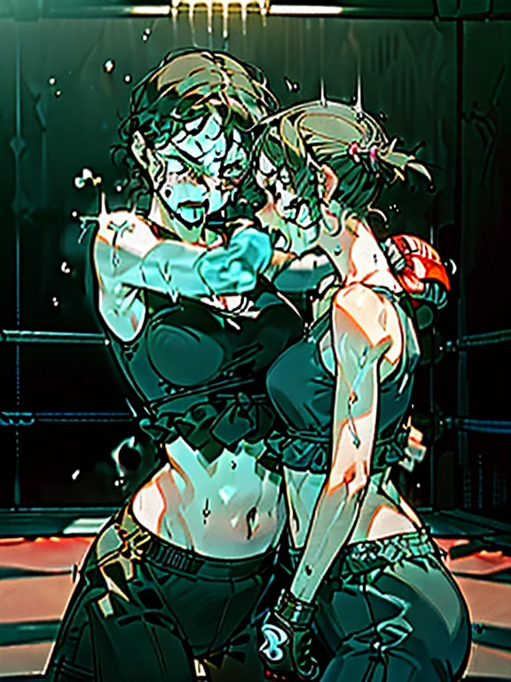 Two high school girls street fighters are fighting and punching so hard in an abandoned building.Glaring at each other. dynamic action. They are thrusting their fists each other. They are in pain. Her body and face are covered with bruises and blood. Muscular body. Six-pack abs. Short-cut black hair. Shortness of breath. Drooling from the mouth. One closed eye. Exhaustion. Drenched in sweat. Erect nipples.