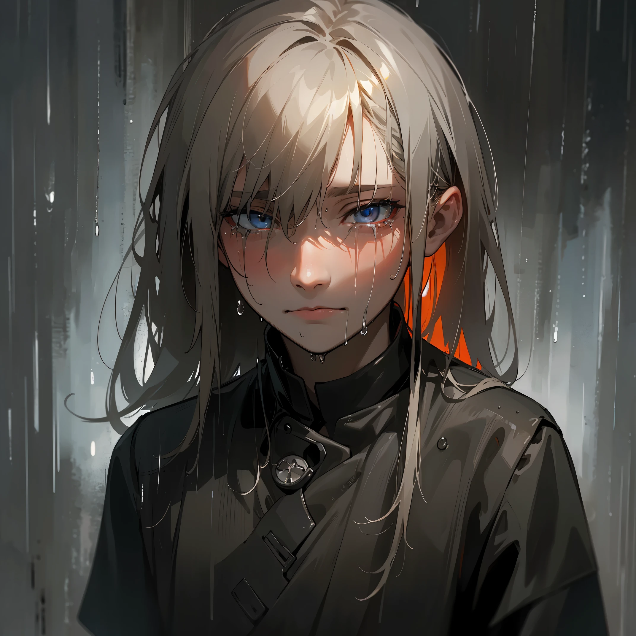 man crying on the rain, oil painting, sad expression, raindrops on face, wet hair, intense emotions, dark atmosphere, melancholic mood, realistic, vivid colors, dramatic lighting