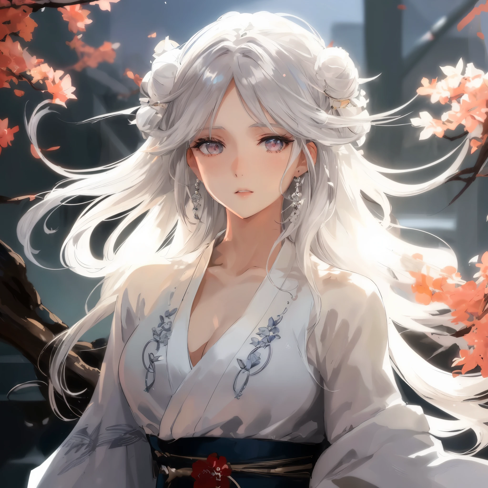 a woman Has gray hair and a white dress is standing in front of a tree, white-haired god, a beautiful anime portrait, beautiful anime woman, beautiful anime style, Flowing white hair, Beautiful anime girls, Girl with white hair, beautiful attractive anime woman, Anime style 4k, flowing hair and long robes, Has gray hair, a stunning anime face portrait