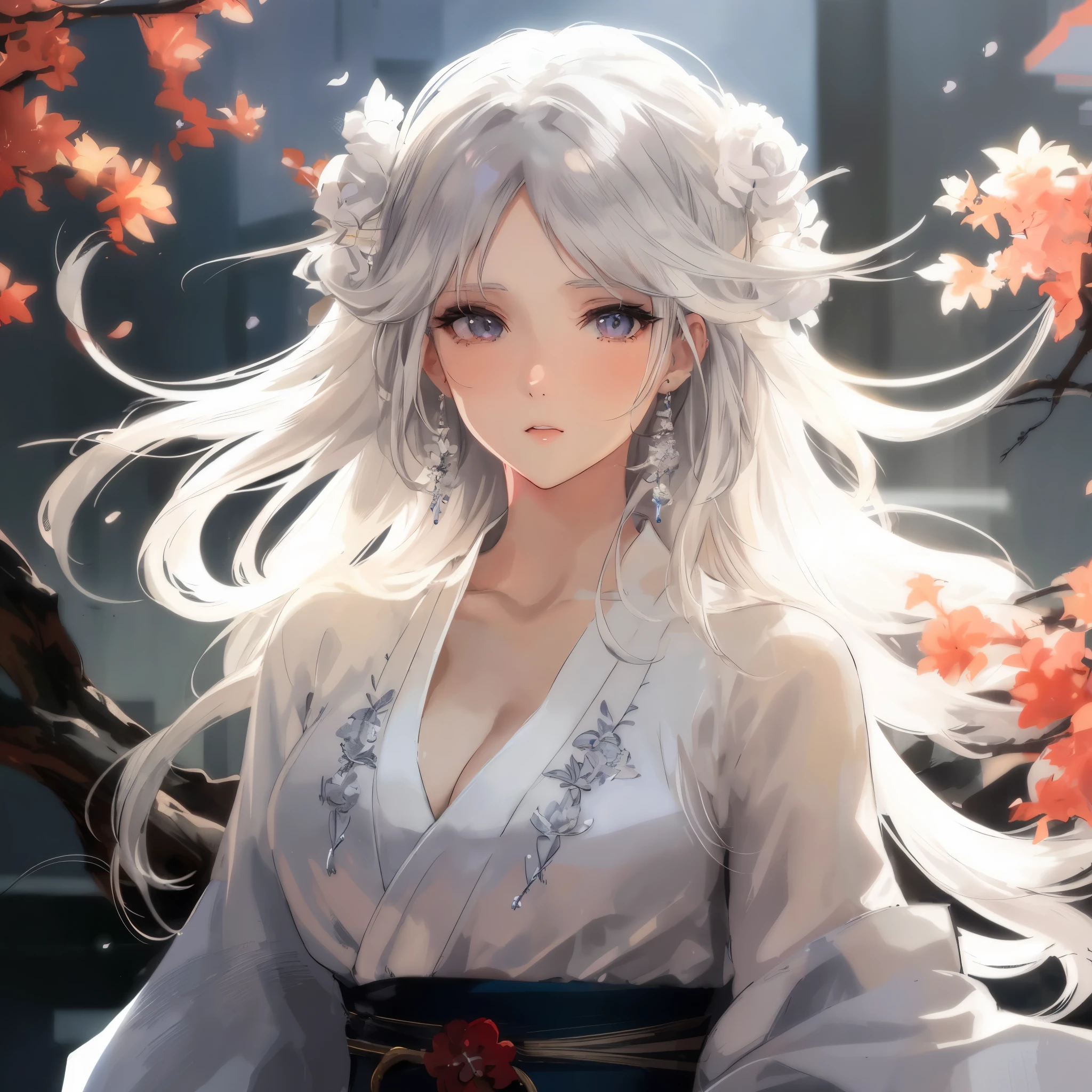 a woman Has gray hair and a white dress is standing in front of a tree, white-haired god, a beautiful anime portrait, beautiful anime woman, beautiful anime style, Flowing white hair, Beautiful anime girls, Girl with white hair, beautiful attractive anime woman, Anime style 4k, flowing hair and long robes, Has gray hair, a stunning anime face portrait