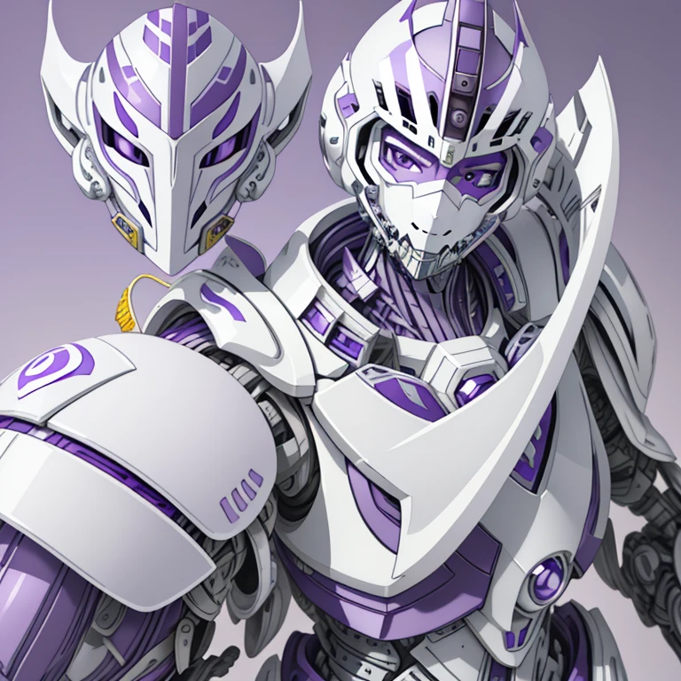 (Super elaborate CG Unity 8K wallpaper, masterpiece, highest quality): (Dynamic Angle, Solo, 1 beautiful Girl, white and purple cyborg armor in the style of police uniform, (((white helmet with purple face plate))), purple mask