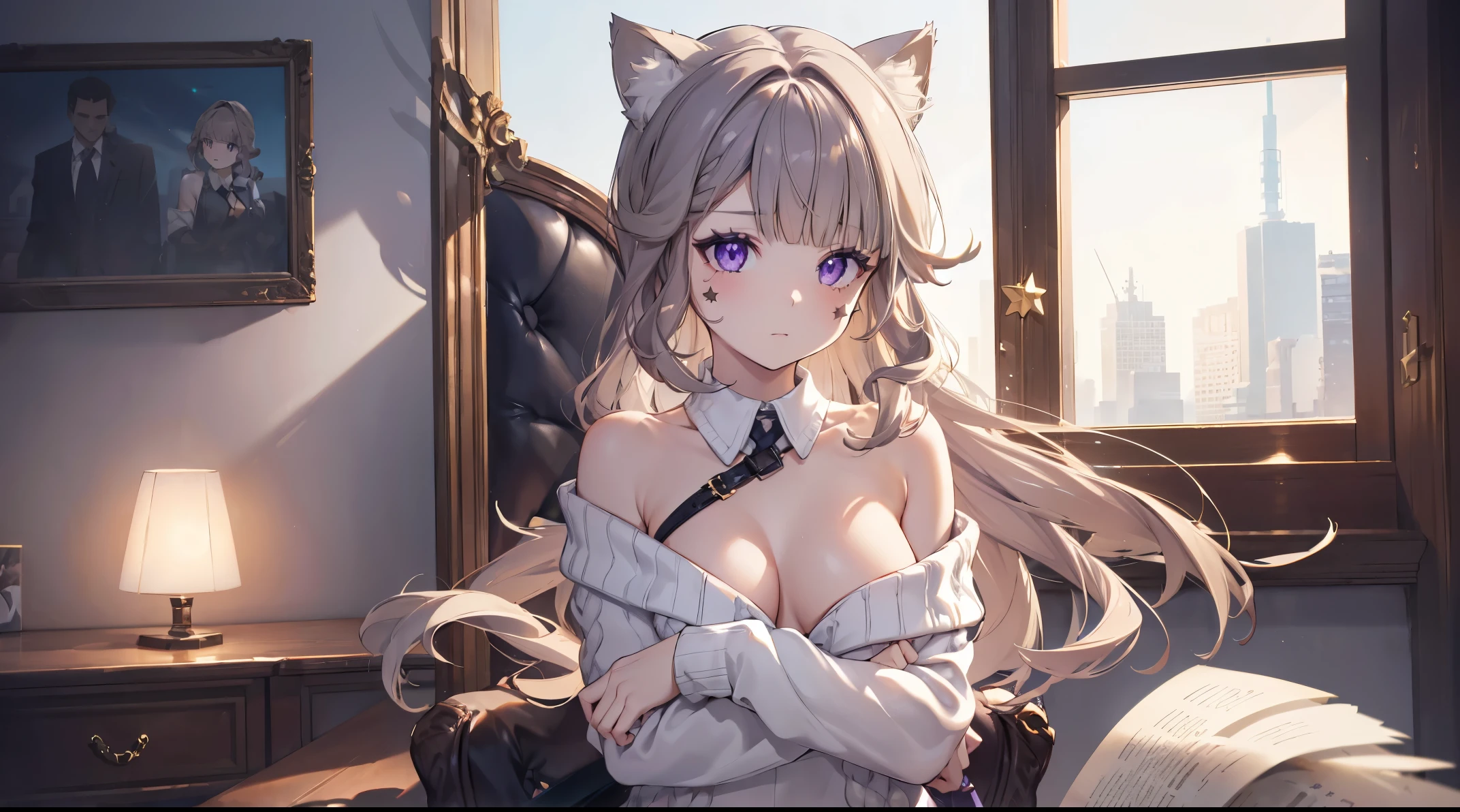 (((4k, masterpiece, top-quality))) ,8k, best quality, high resolution, HD, (arms behind back:1.2), unity 8k wallpaper, (((illustration))), beautiful detailed eyes, extremely detailed face, perfect lighting, extremely detailed CG, 1girl, solo, animal ears, sweater, breasts, cleavage, (white sweater:1.4), off shoulder, cat ears, skirt, pleated skirt, animal ear fluff, bare shoulders, off-shoulder sweater, lynette, cat ears, (purple eyes:1.2), brown hair, (((single star on left cheek))),