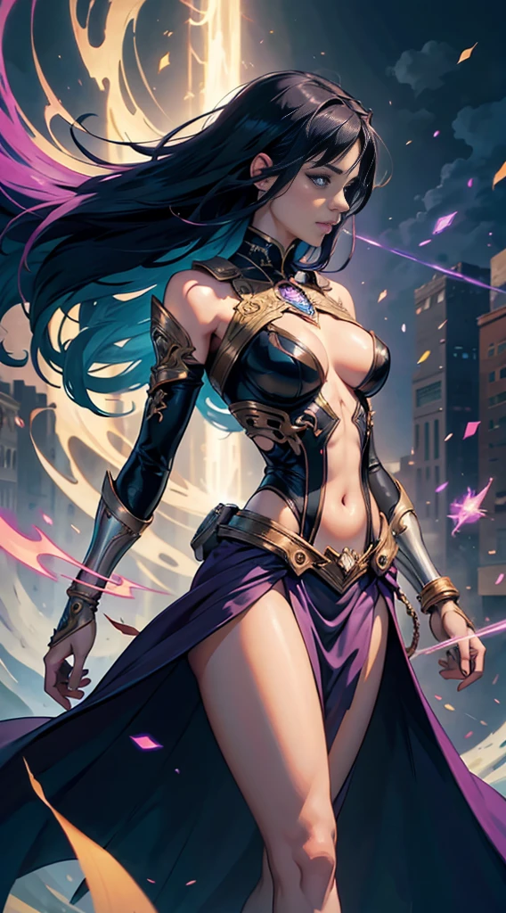 "krysten ritter, showing her belly button, In New York, wearing a torn spiderman suit, Wearing a skirt, abstract photorealistic, artistic, Alphonse Mucha'Masterpieces of painting, Best Quality, hight resolutionであり:1.4), Detailed, Intricate details, 4K, color splashes, line-drawing, Fibonacci, hight resolution, Vibrant colors, with fantasy background, Female features'Flowing hair and dramatic light rays.."