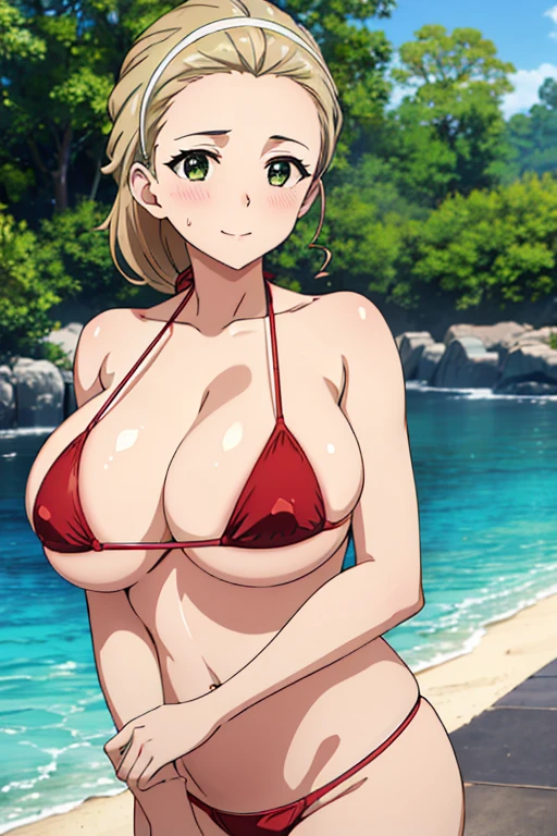 (masterpiece, top-quality, detaile, hight resolution, extremely delicate and beautiful, anime screen cap, anime colours, 8k, photorealistic), (red Micro Bikini:1.5), (huge drooping breasts:1.5, cleavage:1.5), all four:1.5, akebi sasaki, hairband, 1girl, (), dark green eyes, smile, blush, ((down arms:1.3, Upper body:1.5, breasts forcus)), ((perfect detailed anatomy, Beautiful details eyes,&hair, beautiful face, beautiful detailed breast&body, Shiny skin)), in poolside, Sweat,