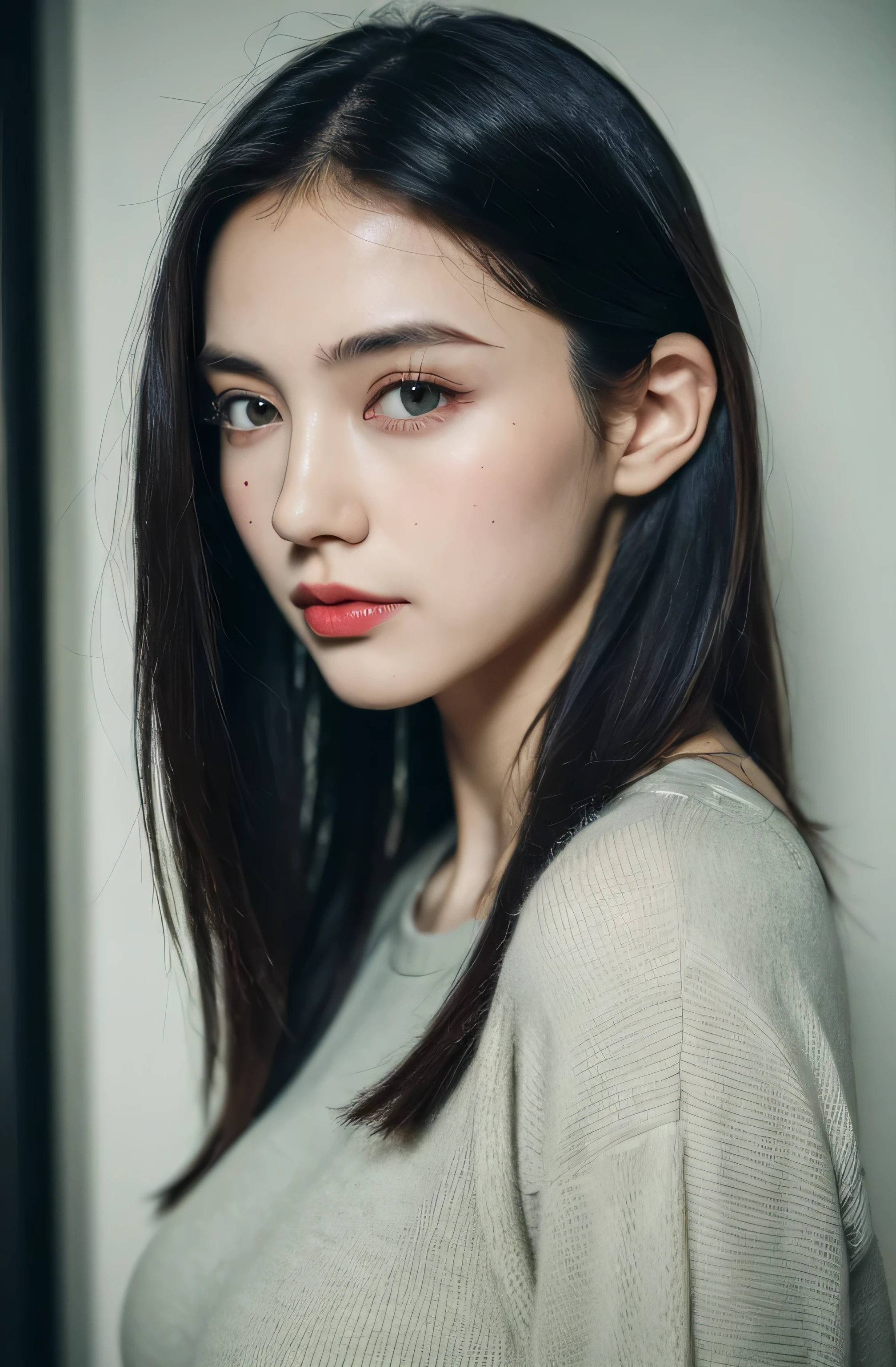 ((Best quality, 8k, Masterpiece :1.3)), 1girl, Pretty woman with emphasizing slender abs :1.3, (dark long black hair, Huge breasts :1.2), Casual outfit :1.2, Indoor, Ultra-detailed face, Detailed eyes, Double eyelid, red glossy lips, white european, white or green eyes