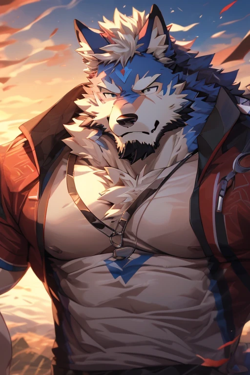 (Best quality at best, A high resolution:1.2), Artistically, Delicate fur, Alone, 詳細な目, 詳細な目, Male Wolf, Blaze character, (Body close-up), large pecs, Front view, exhausted face, large bulge