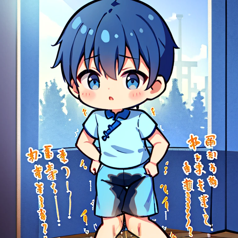 A Chinese boy around 7 ,Normal body type is slightly thinner,He wears a light blue short-sleeved shirt,Light blue shorts,Play in the park,incontinence,Urine soaked the shorts,Run down your legs to the ground。