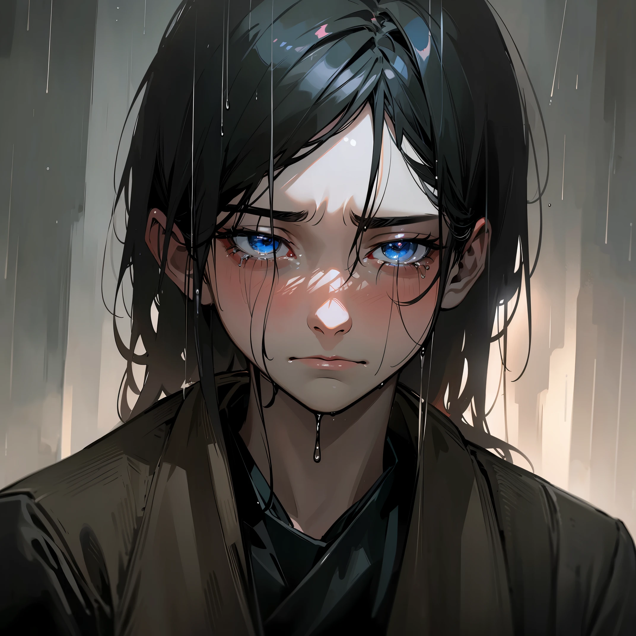 man crying on the rain, oil painting, sad expression, raindrops on face, wet hair, intense emotions, dark atmosphere, melancholic mood, realistic, vivid colors, dramatic lighting
