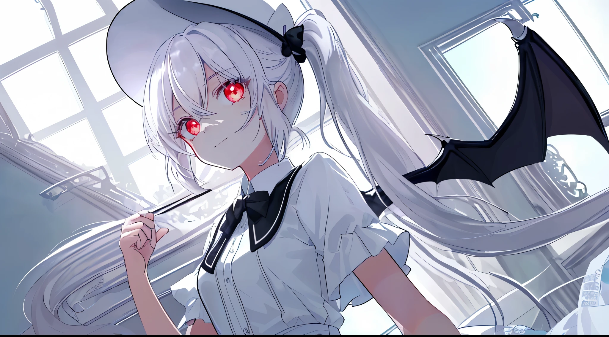 A high resolution, tmasterpiece,highest quality, ultra - detailed, (詳細な目), (详细的脸), 1个Giant Breast Girl,illustratio, White hair, red eyes, highest details, (glowing light eyelatchest, The light from the back window is backlighted, (diaphragm:1.4), llight rays, hight contrast, Colorful,room_idoly, (pony tails:1.2),(Happy:1.2),looking at viewert,The upper part of the body,(white shirt:1.3),(Small hat with bat wings),(hair pin:1.2)