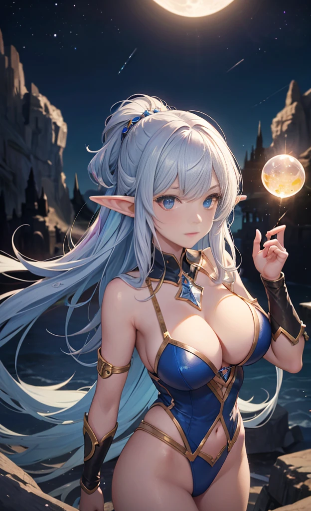the hair,Nice face,blue bikini armor,Heterochromatic pupil,fully body photo,half moon,under moonlight,(tmasterpiece:1.1),(Best quality:1.1),(HighDynamicRange:1),ambient light,Super girl, mystical elf, looking into crystal ball, holding mysteries, showing a microcosm space, stars, unique, huge breasts, cleavage, candlelight, dark background, atmosphere of mystery, smoke, subtle multicolored lighting,