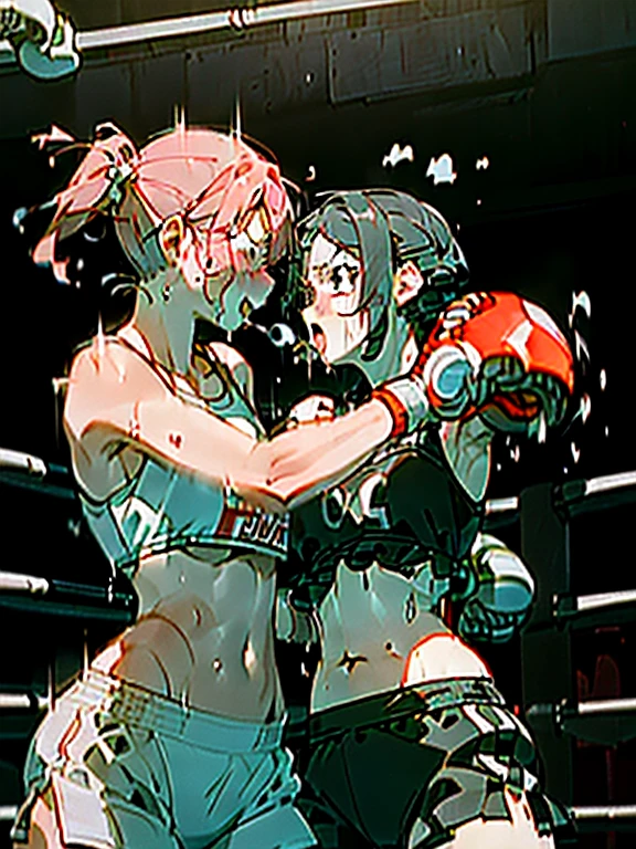 girl boxer, (((boxing gloverown skin, two women, absent-minded, ((being punched by another girl)), ((belly punch))), sweat and saliva all over the body, inferiority, on the verge of fainting, steam, (((boxing play)), body blow