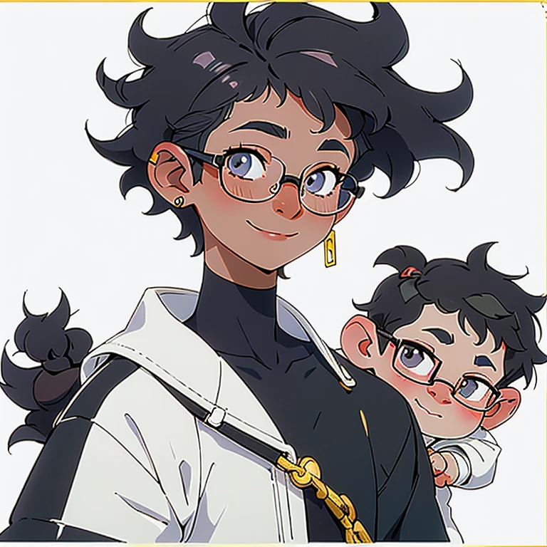 smiling, curly hair, short hair, glasses, white skin, looking in the mirror, black and white colors, (((1boy)))
nose and mouth of a black person,
small, golden ear piercings, with a side shaved hair,
half Brazilian and half black, 18 years old, looking younger,
dark hair, afro hair.