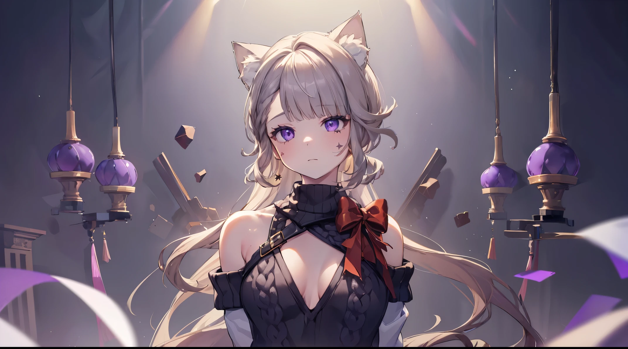 (((4k, masterpiece, top-quality))) ,8k, best quality, high resolution, HD, (arms behind back:1.6), unity 8k wallpaper, (((illustration))), beautiful detailed eyes, extremely detailed face, perfect lighting, extremely detailed CG, 1girl, solo, animal ears, sweater, breasts, cleavage, (white sweater:1.4), off shoulder, cat ears, skirt, pleated skirt, animal ear fluff, bare shoulders, off-shoulder sweater, lynette, cat ears, (purple eyes:1.2), brown hair, (((single star on left cheek))),