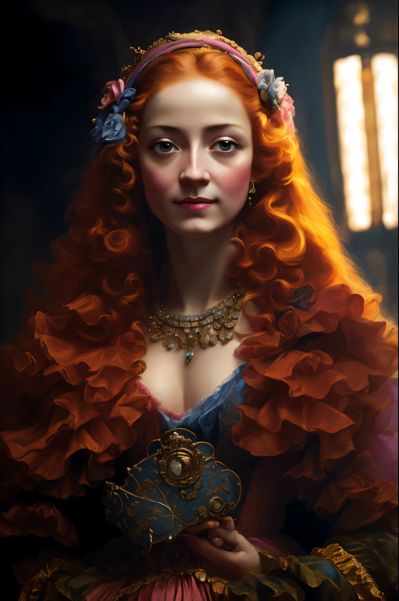 Woman with a blue hat and a pink and gold mask, uma pintura fotorrealista inspirada em Jean-Baptiste van Loo, rococo style portrait, pintura digital barroca, Robert Hubert •, Neo-Rococo expressionist style, rococo cyberpunk, rococo art style