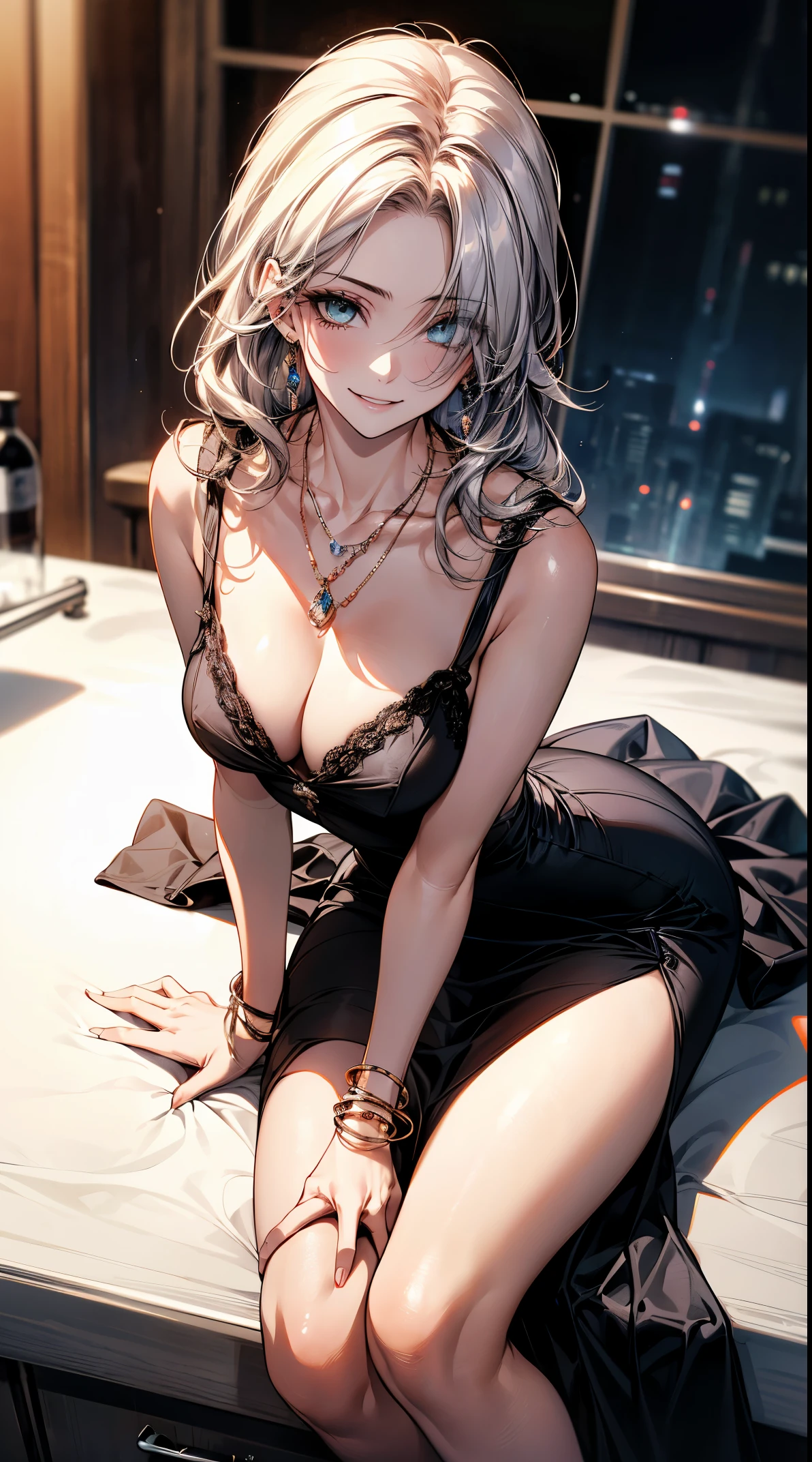 (masterpiece, best quality:1.2), (high resolution, 8K RAW photo, photo realistics, clear focus, weak outline:1.3), (cinematic lighting, moody, textile shading), pov, (solo:1.5), 1 matured woman, 24 years old, (milf:1.5), ((nfsw:1.5, fuge breast:1.3, sagging breast, big tits, breast cleavage, harass sexually, in heat, presenting)), ((Bright beautiful eyes with highlight:1.3)), (sitting a stool in night BAR counter, lying face down on the counter with putting arms on the counter top, looking at viewers, holding a cocktail glass), raised sexy, (little happy smile:1.3, shamed), light purple mesh on silver hair, medium long hair, hair over one eye, asymmetric hair, half updo hair, blue eyes, wearing white sexy party dresses, long skirt with side slit, wearing green see-through shawl around your upper arms, (Luxury detailed accessories, necklace, earrings, Bracelets), bokeh, dynamic angle, full body:1.2, close-up face:1.5, breast focus, from above:1.2, (correct anatomy:1.6, ideal ratio of body proportions, correct hand:1.5, small hands), in a night,