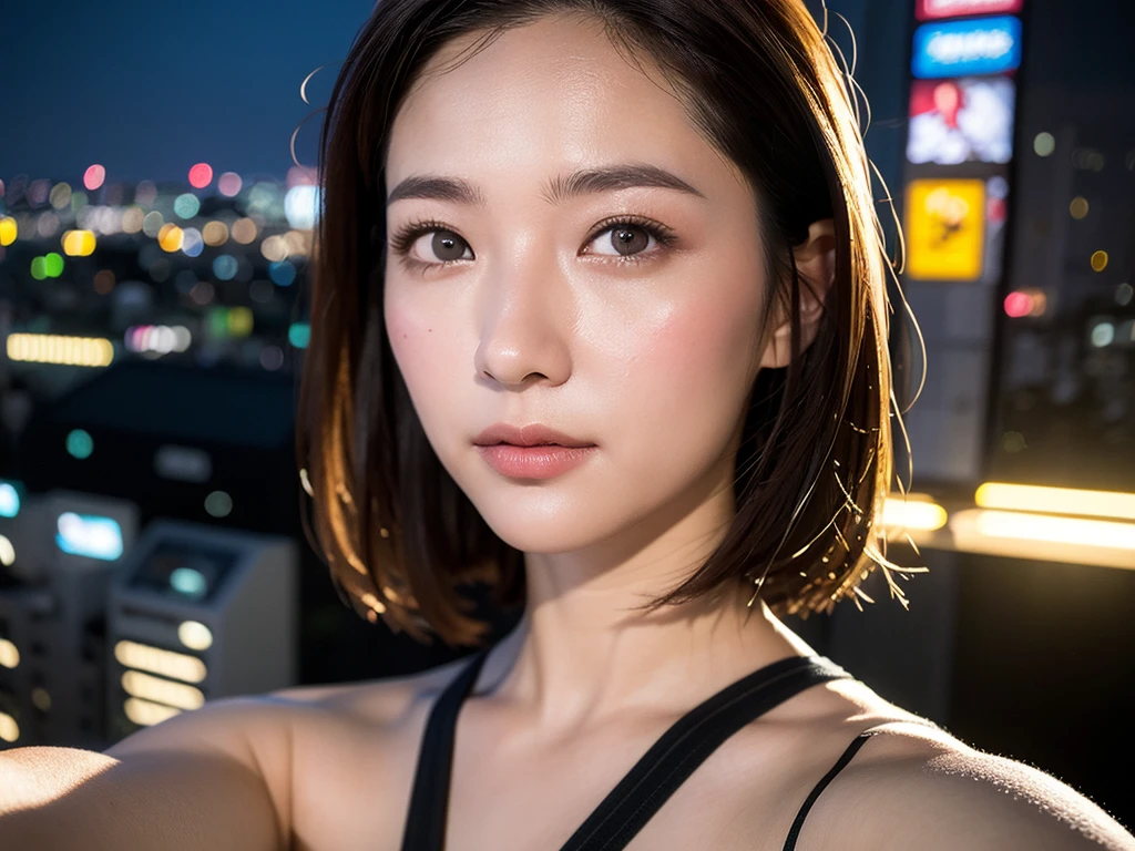 (1girl:1.8), blush, smile, upturned eyes, analog style, model shoot style, (selfie:1.8), (Tokyo city background:1.8), (cute face: 1.8, perfect face:1.3), (short hair:1.4, pale skin:1.5), (from above:1.4), best quality, (pores:1.5, colors, hyperdetailed:1.5, film grain:1.4, hyperrealistic: 1.5), octane render, masterpiece, 8k, wallpaper, hyper-realistic light