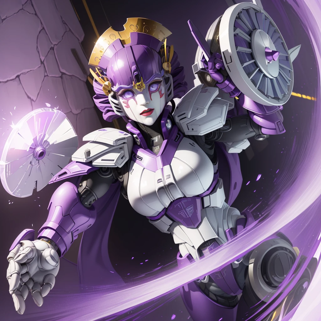 (Super elaborate CG Unity 8K, masterpiece, highest quality): (Dynamic Angle, Solo, 1 beautiful Girl, white and purple cyborg armor in the style of police uniform, (((white helmet with purple face plate))), purple mask, transformers,