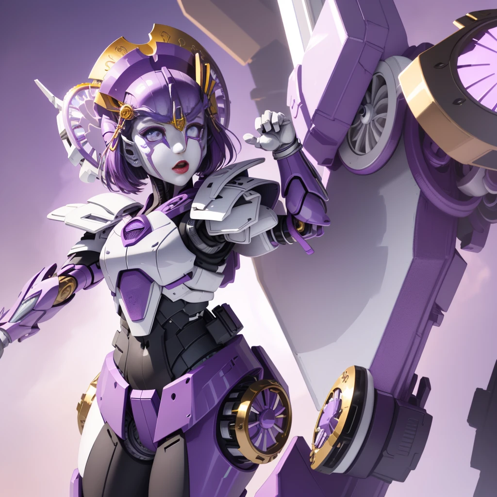 (Super elaborate CG Unity 8K, masterpiece, highest quality): (Dynamic Angle, Solo, 1 beautiful Girl, white and purple cyborg armor in the style of police uniform, (((white helmet with purple face plate))), purple mask, transformers,