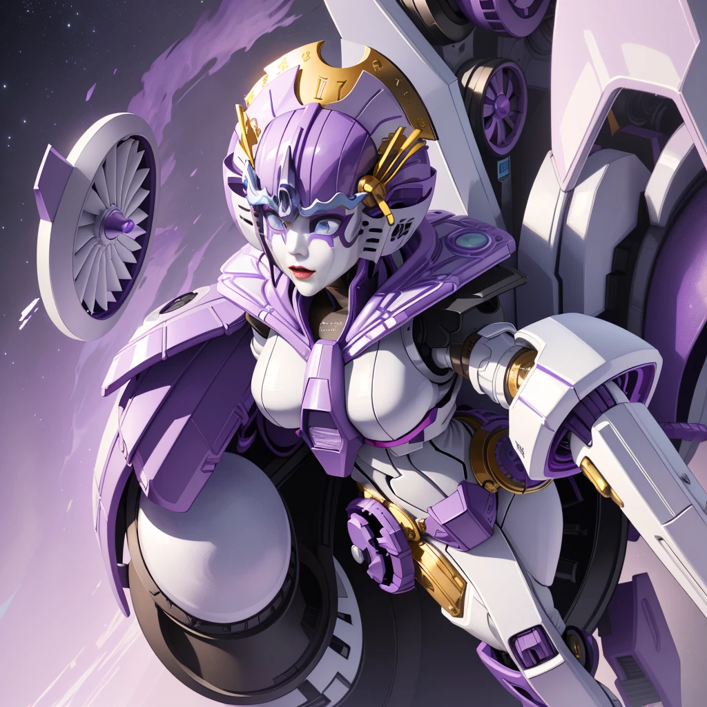 (Super elaborate CG Unity 8K, masterpiece, highest quality): (Dynamic Angle, Solo, 1 beautiful Girl, white and purple cyborg armor in the style of police uniform, (((white helmet with purple face plate))), purple mask, transformers,