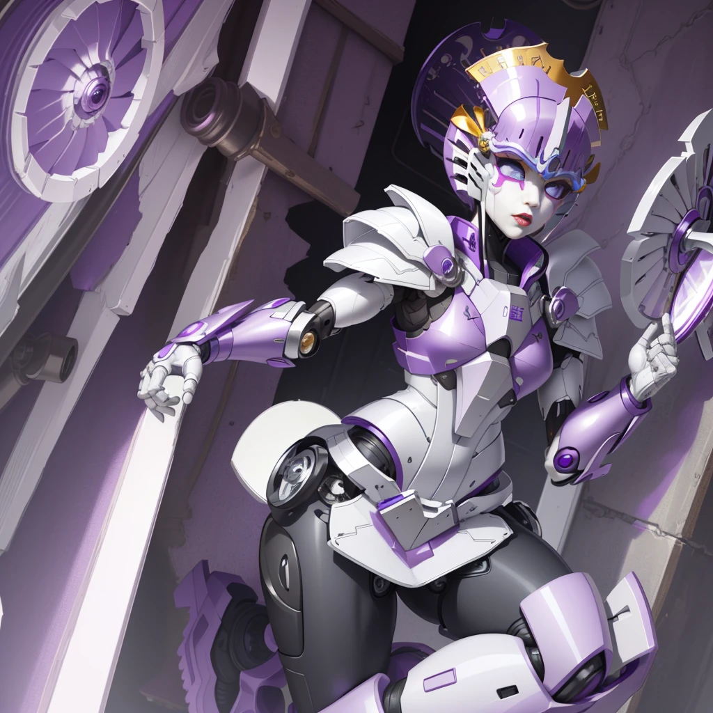 (Super elaborate CG Unity 8K, masterpiece, highest quality): (Dynamic Angle, Solo, 1 beautiful Girl, white and purple cyborg armor in the style of police uniform, (((white helmet with purple face plate))), purple mask, transformers,