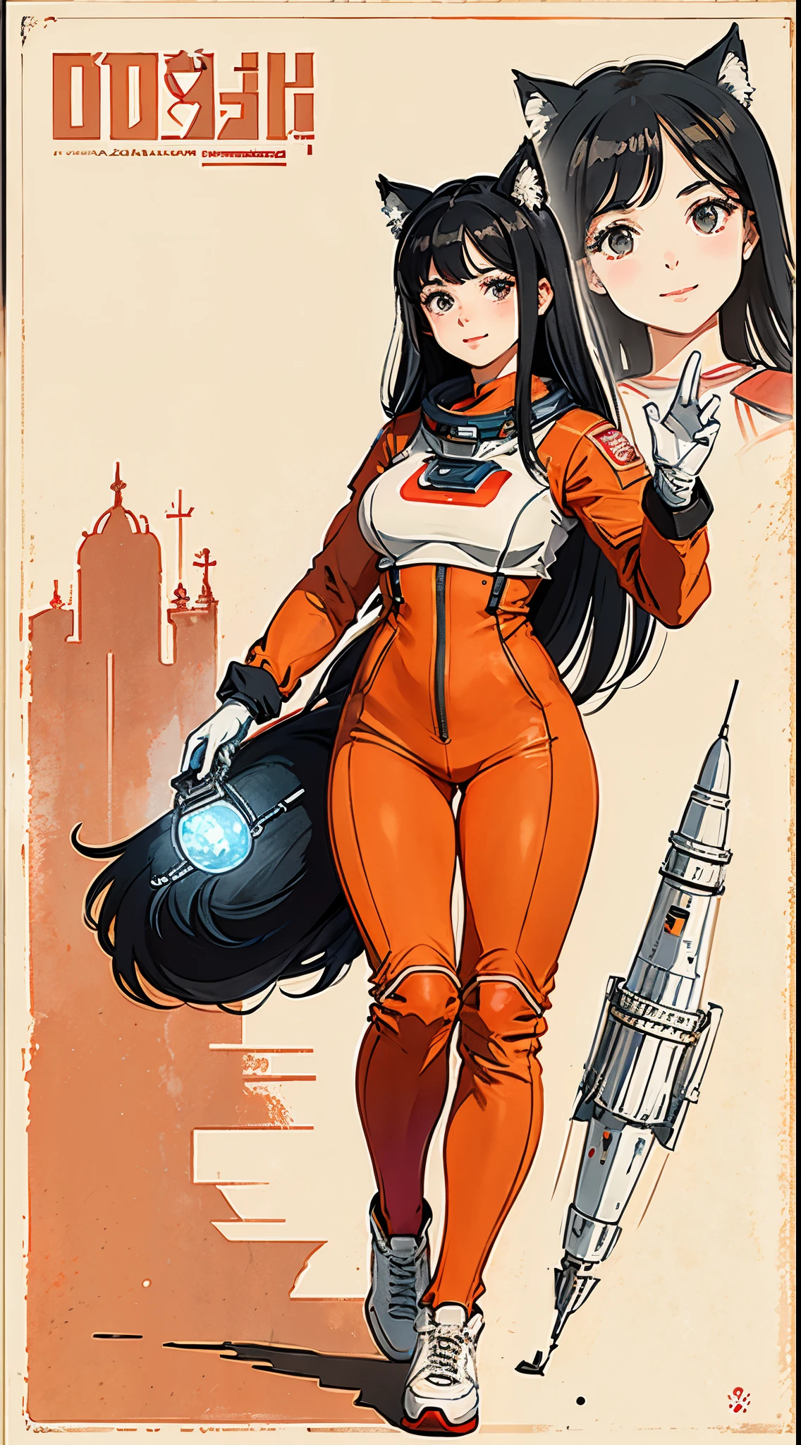 1girl,curvy_breasts, cute, beautiful detailed eyes, shiny hair, visible through hair, hairs between eyes, (Caucasian face, Europe face, eastern Europe girl), (USSR poster), (soviet poster), red monochrome, (soviet, communism, PROPAGANDA POSTER), Black_hair, monster girl, wolf girl, wolf ears, smiling, red_eyes, furry, age, goodbreast, {Spacesuit|Orange_clothing_body|jumpsuit},red_gloves, white_space_shoes, white_helmet, ((the USSR red letters on the poster)), weightlessness, Side light, reflection, The person in the spacesuit is at the bottom left of the frame, The right hand is outstretched, Space station in the upper right corner of the screen, Reflected light from the sun, Silver metal, red flag, (USSR style), diffuse reflection, Metallic texture, (steps on alien planet ,in style of pinup-girl,the sea of star), (effect of old poster )