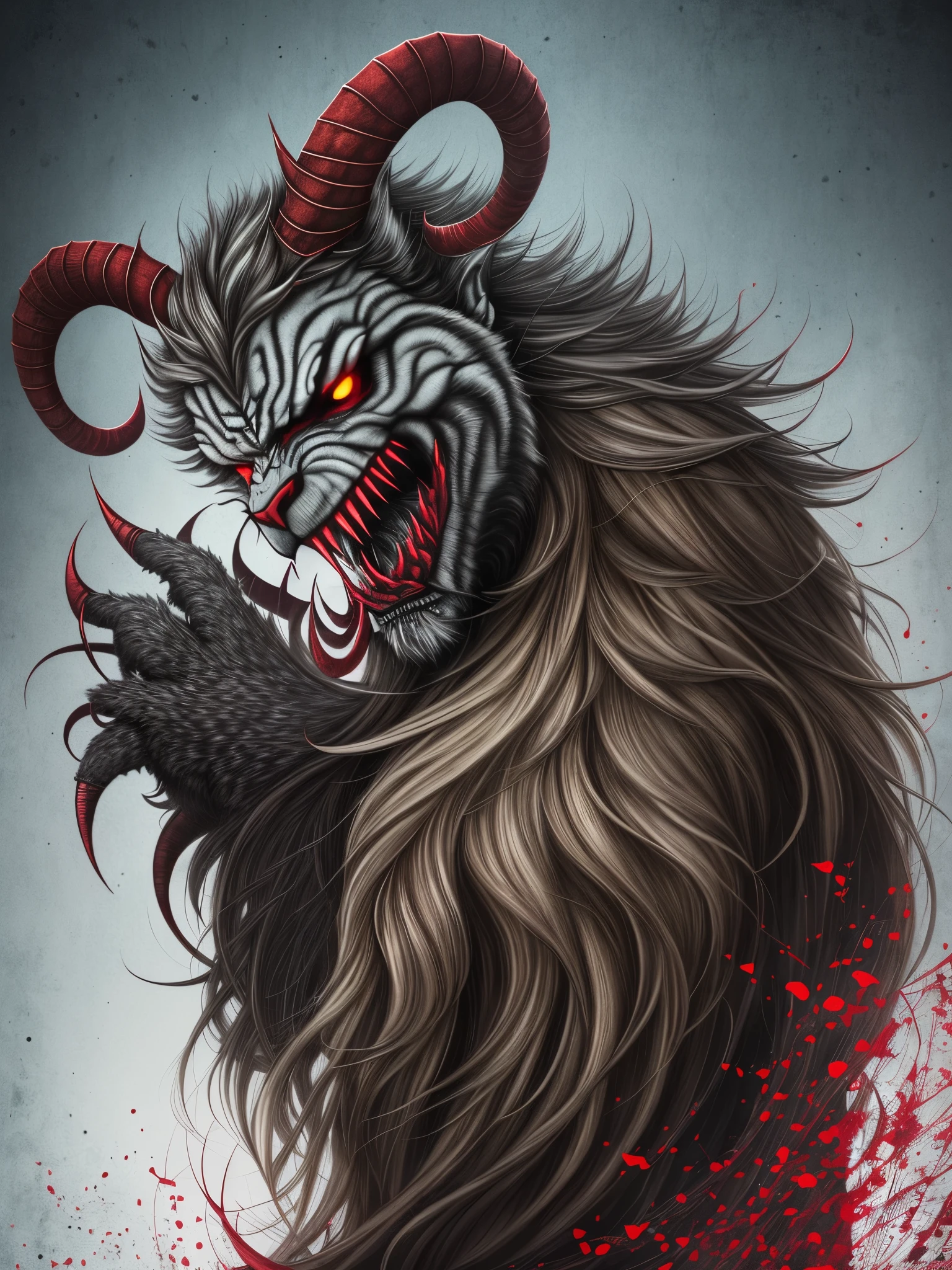 A ghastly Krampus with long, shaggy hair that swirls wildly around his terrifying face. His eyes glow a menacing red, while sharp teeth protrude from his terrifying mouth. Claw-like hands with sinister, curved claws give it a menacing presence. Its body is covered in thorny spikes and a sinister cloak of black mist envelops its eerie appearance. --auto --s2
