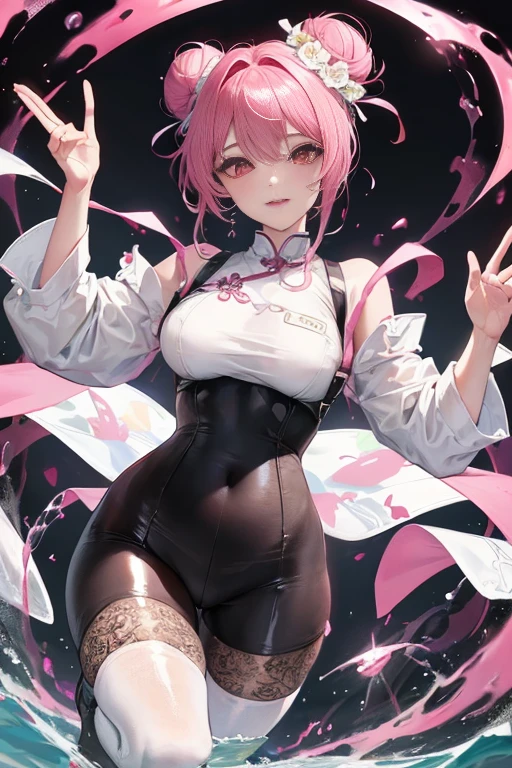 tmasterpiece、Need、1female、Blue cheongsam,Ancient style China、 White cloth bun bun bun、Shoulder leakage、The chest is large、chubbiness、ssmile、Black suspender tights、lace leggings、pale pink lip、hot springs,Pose in the water,(drenched all over the body,pink breasts,pink tits,),legs are open, 独奏, White polo shirt, (shiny skins, perspired:1.4), looking at viewert, A high resolution,(Thigh thick:1.0),,ultra - detailed,tmasterpiece,Best quality at best,Yazawa Nico,red eyes, face flushed,Blunt hair,both hands on hip,greet,Flower headdreslack suspender tights,dance