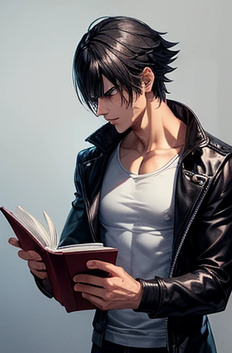 quero um personagem de 1,76 who has a black hairdo similar to Dante from Devil May Cry and his body is athletic like Garou from One Punch Man and his facial appearance looks quite like a delinquent and is reading a book