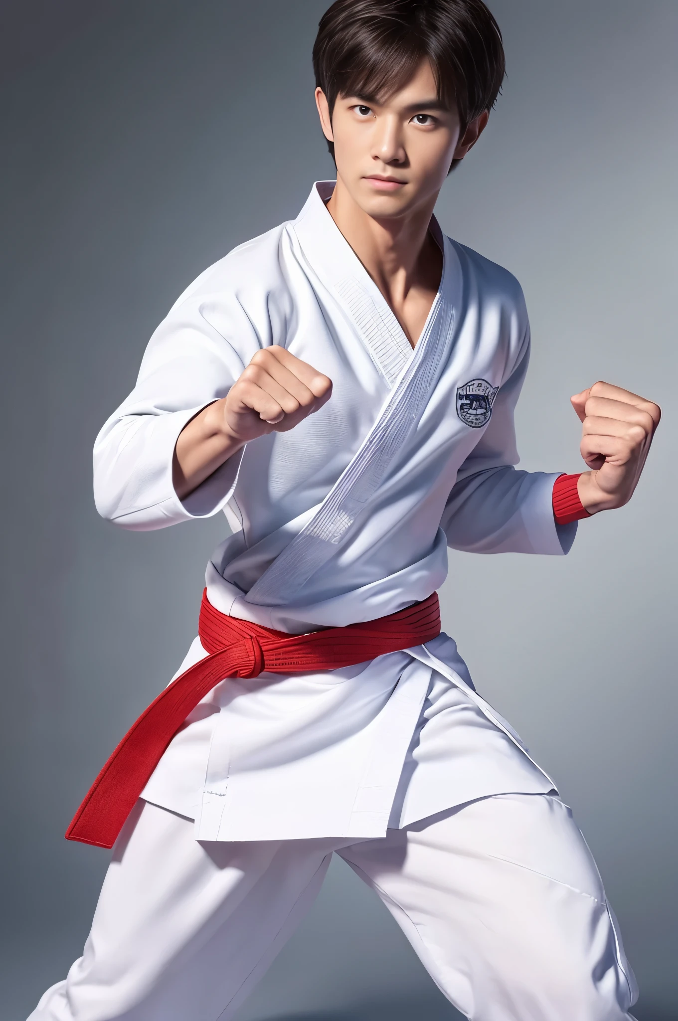 a picture, a handsome, 8k full body portrait of a man, Charming sweet look, Move ki, shorth hair, musculature, clong legs, musculatureの足,, bare-legged, 詳細なmusculatureの体格, a picture, (masterpiece, top-quality, top-quality, Official art), Stick out your fist, Large and dynamic movements, Photorealistic depiction,20yr old, Toned waist, White Karate Uniform, Karate Belt, White karate pants, Accurate depiction of details, Perfect skeleton, Look straight at your audience, sharp gaze