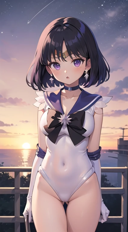 (masterpiece:1.2, best quality:1.2), (shiratama:1.2), R15, highres, (realistic:0.25), (extremely detailed), (intricate), (beautiful dentaled glow:1.2), sunset, gradient sky, space, cinematic lighting, (pixiv), 1girl, (8k, HD, portrait, cowboy shot, anime, 4k, novel illumination, soft outline, (perfect quality:1.2), bangs
BREAK (tomoe hotaru, sailor saturn), purple eyes, purple hair, short hair,
BREAK back bow, purple bow, purple choker, purple sailor collar, purple skirt, bow, choker, earring, tiara, elbow gloves, jewelry, magical girl, large breast, collarbone, (white leotard), miniskirt, sailor collar, sailor senshi uniform, boots, (sleeveless), ((see-through)), (skindentation, steaming body, heavy breathing:1.2), (bare shoulders, bare hip, thighs, covered navel)
BREAK (perfect anomary, perfect hand), (perfect cute face:1.4), (perfect clothes, perfect body), night, (sky:1.2), (:o, (in front), outdoor, energy, NFSW), white background