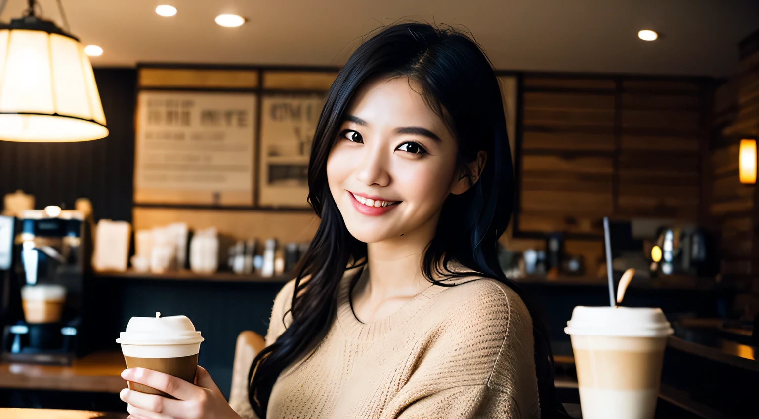 1 girl ,  black hair ,  cinematic light , rim light ,smile, coffee, cafe, sit back.