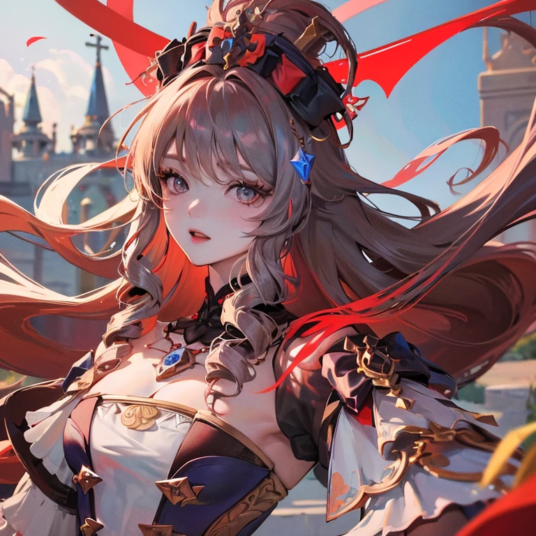Cross Accessories、gazing at viewer、have a cross、wearing a white robe、Red Eyes、Wearing a red aura、Holding a cross、Fantasticalな背景、Pretty Woman、Best image、masterpiece、Fantastical、