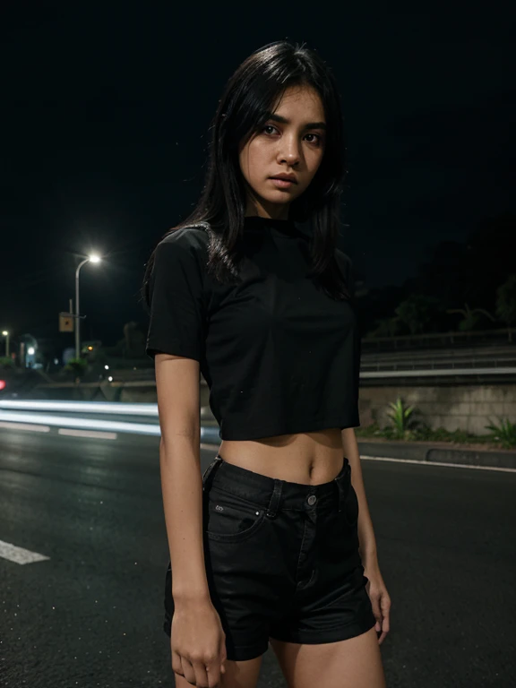 girl with sad look,black hair, wearing black croptop shirt, side of the Yogyakarta city highway background, night, ultra detail, hdr photography