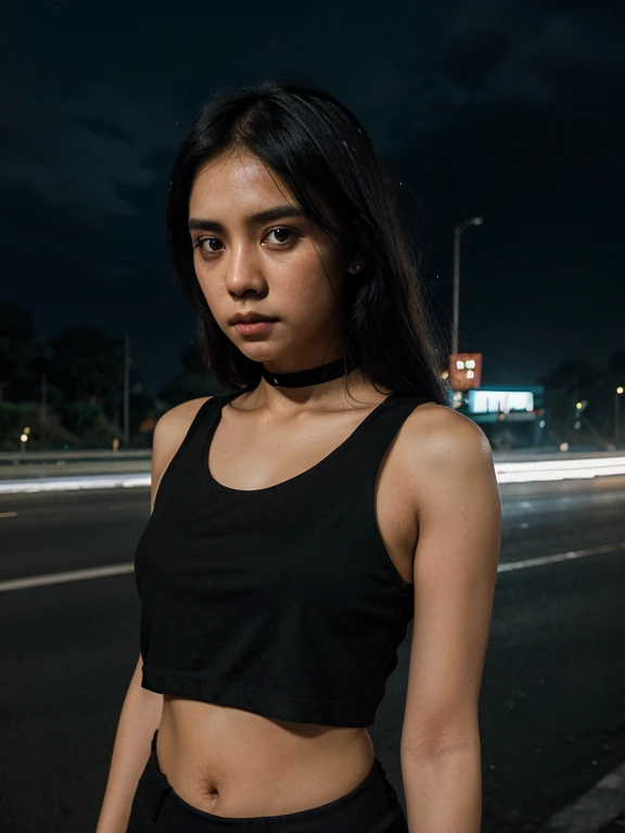 girl with sad look,black hair, wearing black croptop shirt, side of the Yogyakarta city highway background, night, ultra detail, hdr photography