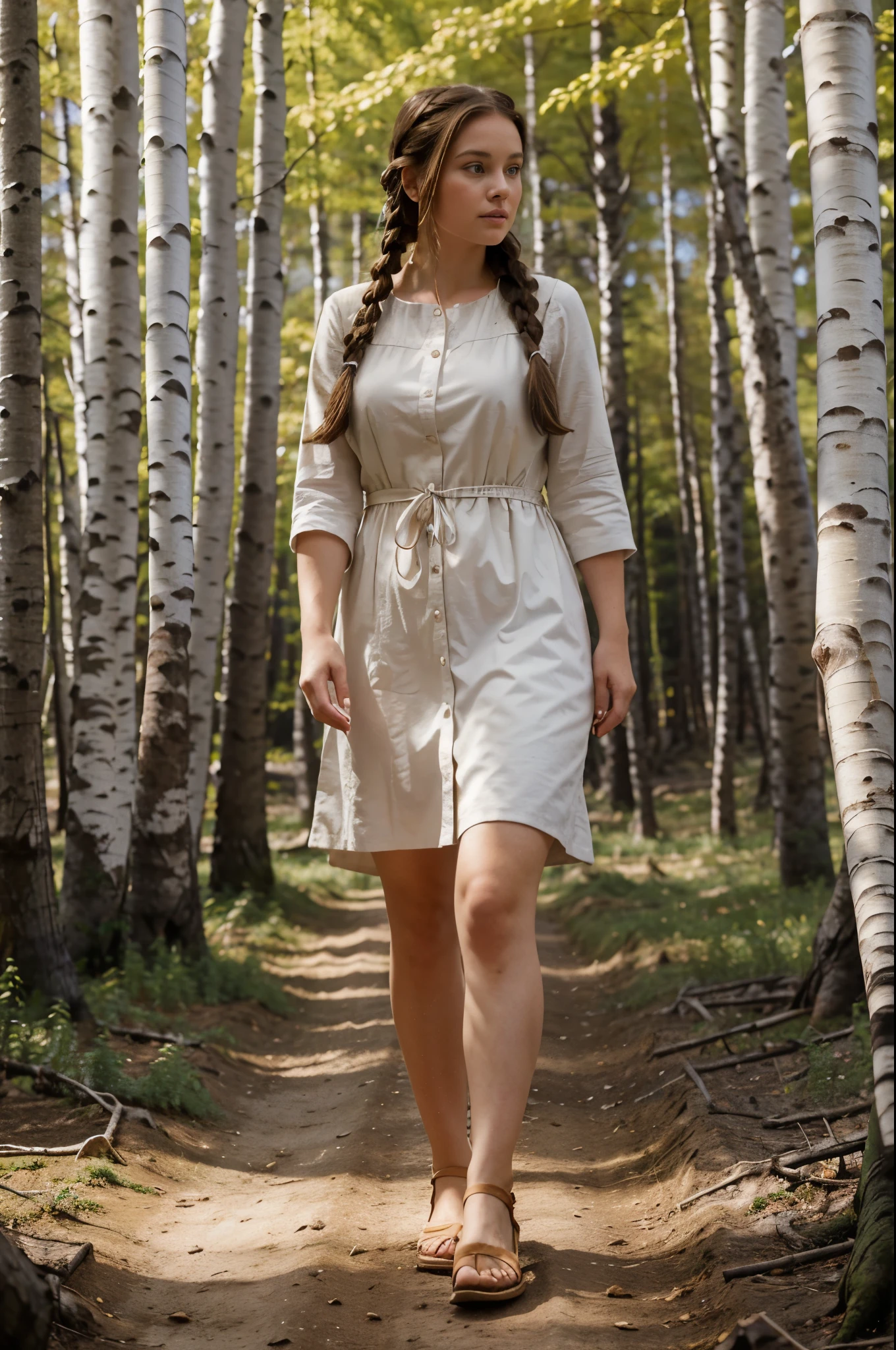 A plump white-skinned woman with brown hair in a light dress and with hair in a long braid walks with a through a dense birch grove
