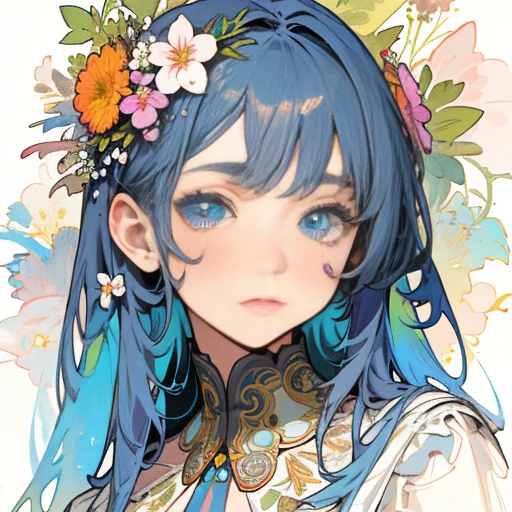 show full head extremely detailed portrait with flowers in her hair in a rough sketch coloured with watercolor, extremely detailed eyes, beautiful eyes, completely centered image, blank space surrounding drawing, focus on face lines, dripping watercolor, ink contours, art by carne griffiths mixed with alfonse mucha, 32k resolution, best quality possible, doll-like