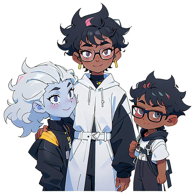 smiling, curly hair, short hair, glasses, white skin, looking in the mirror, black and white colors, boy 
nose and mouth of a black person, 
small, golden ear piercings, with a side shaved hair,
half Brazilian and half black, 18 years old, looking younger,
dark hair, afro hair, 
full body, 
looking ahead
