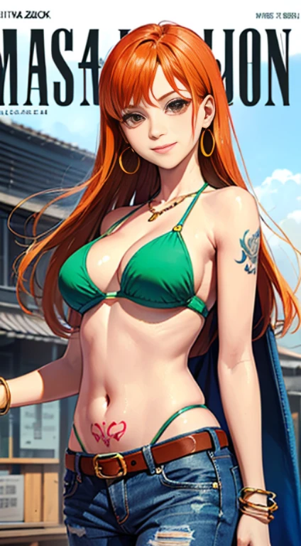 (masterpiece:1.4, best quality:1.4), illustrations, (solo:1.2), (original), (very detailed wallpaper), photographic reality, (ultra detailed:1.4), (super complex details), ((Magazine cover-style:1.4)nami \(one piece\), 1girl, bangle, bangs, bare shoulders, belt, bikini, bikini top only, blue sky, bracelet, breasts, brown eyes, bubble, cleavage, cloud, cowboy shot, day, denim, earrings, floating hair, green belt, green bikini, groin, jeans, jewelry, large breasts, log pose, long hair, looking at viewer, navel, orange hair, pants, shoulder tattoo, sidelocks, sky, smile, solo, standing, stomach, swimsuit, tattoo , ((masterpiece))