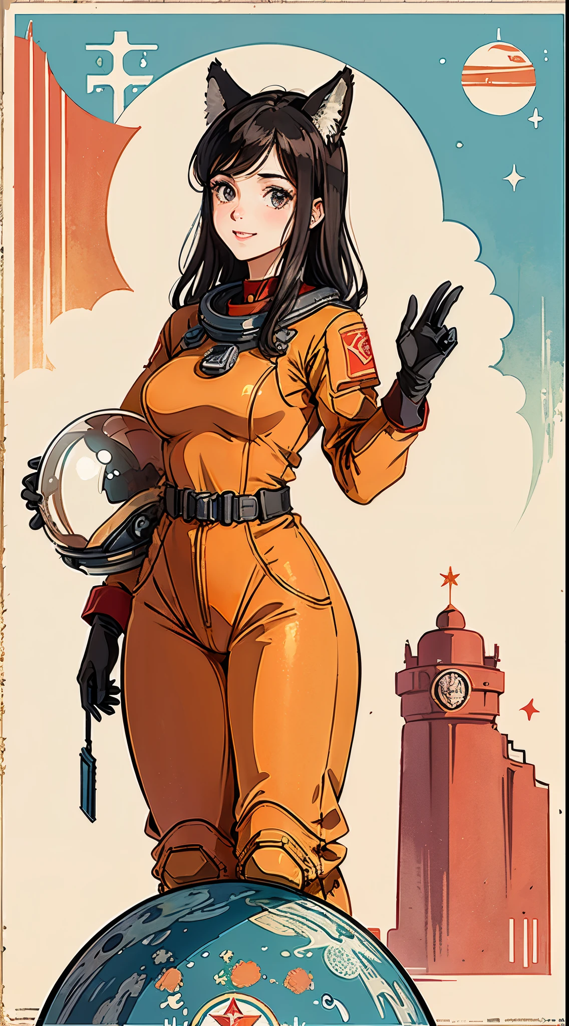 1girl,curvy_breasts, cute, beautiful detailed eyes, shiny hair, visible through hair, hairs between eyes, (Caucasian face, Europe face, eastern Europe girl), (USSR poster), (soviet poster), red monochrome, (soviet, communism, ((PROPAGANDA POSTER))), Black_hair, monster girl, wolf girl, wolf ears, wolf tail, smiling, red_eyes, furry, teenage, goodbreast, {Spacesuit|Orange_clothing_body|jumpsuit},red_gloves, white_space_shoes, white_helmet, ((the USSR red letters on the poster)), weightlessness, Side light, reflection, The person in the spacesuit is at the bottom left of the frame, The right hand is outstretched, Space station in the upper right corner of the screen, Reflected light from the sun, Silver metal, red flag, (USSR style), diffuse reflection, Metallic texture, (alien planet background), (pinup-girl, the sea of star on background), (effect of old poster )