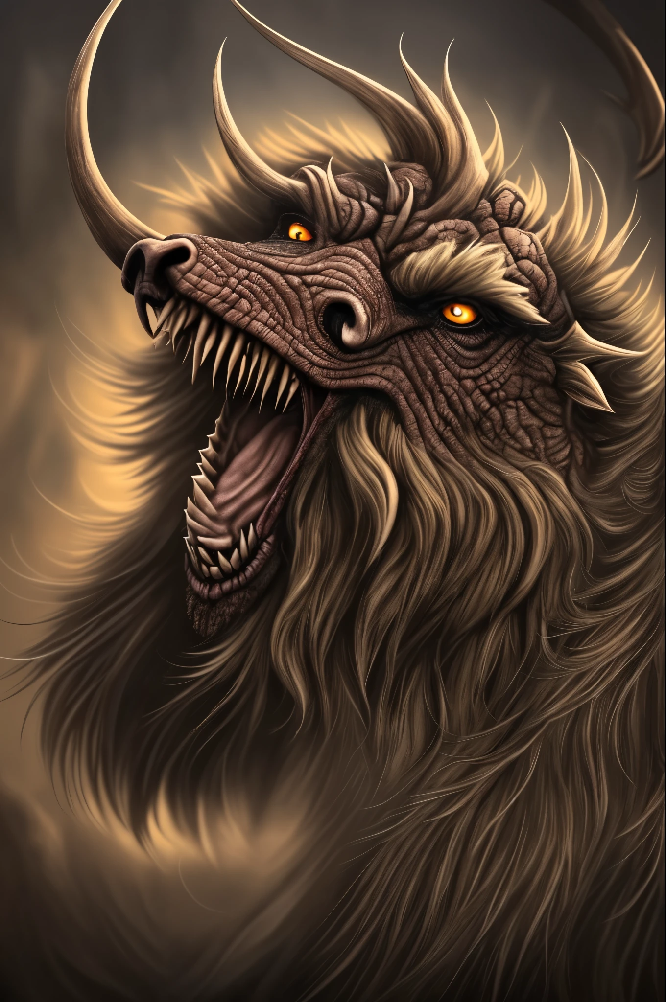 A ghastly Krampus with long, shaggy hair that swirls wildly around his terrifying face. His eyes glow a menacing red, while sharp teeth protrude from his terrifying mouth. Claw-like hands with sinister, curved claws give it a menacing presence. Its body is covered in thorny spikes and a sinister cloak of black mist envelops its eerie appearance. --auto --s2