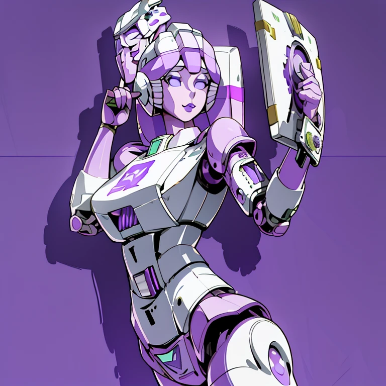 (Super elaborate CG Unity 8K, masterpiece, highest quality): (Dynamic Angle, Solo, 1 beautiful Girl, white and purple cyborg armor in the style of police uniform, (((white helmet with purple face plate))), purple mask, transformers,