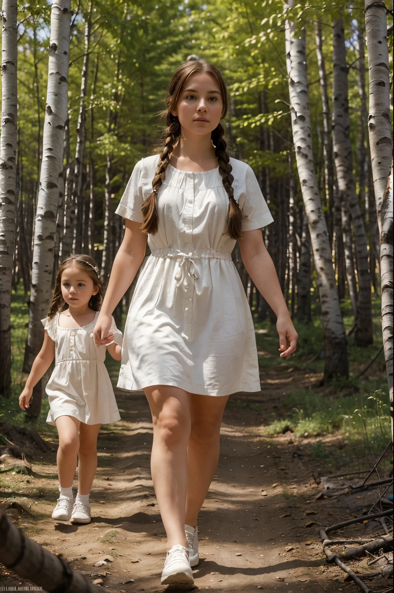 A plump white-skinned woman with a  girl with brown hair in a light dress and with hair in a long braid walks through a dense birch grove