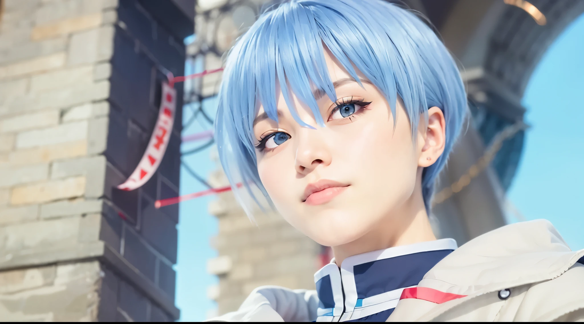 Highly detailed scale、20yr old、Blue-haired、(masutepiece, of the highest quality, Best Quality, Official art, Beautiful and aesthetic:1.2), (ember), Highly detailed costumed actor art:1.3),Colorful,Highest detail, Cinematic lighting,