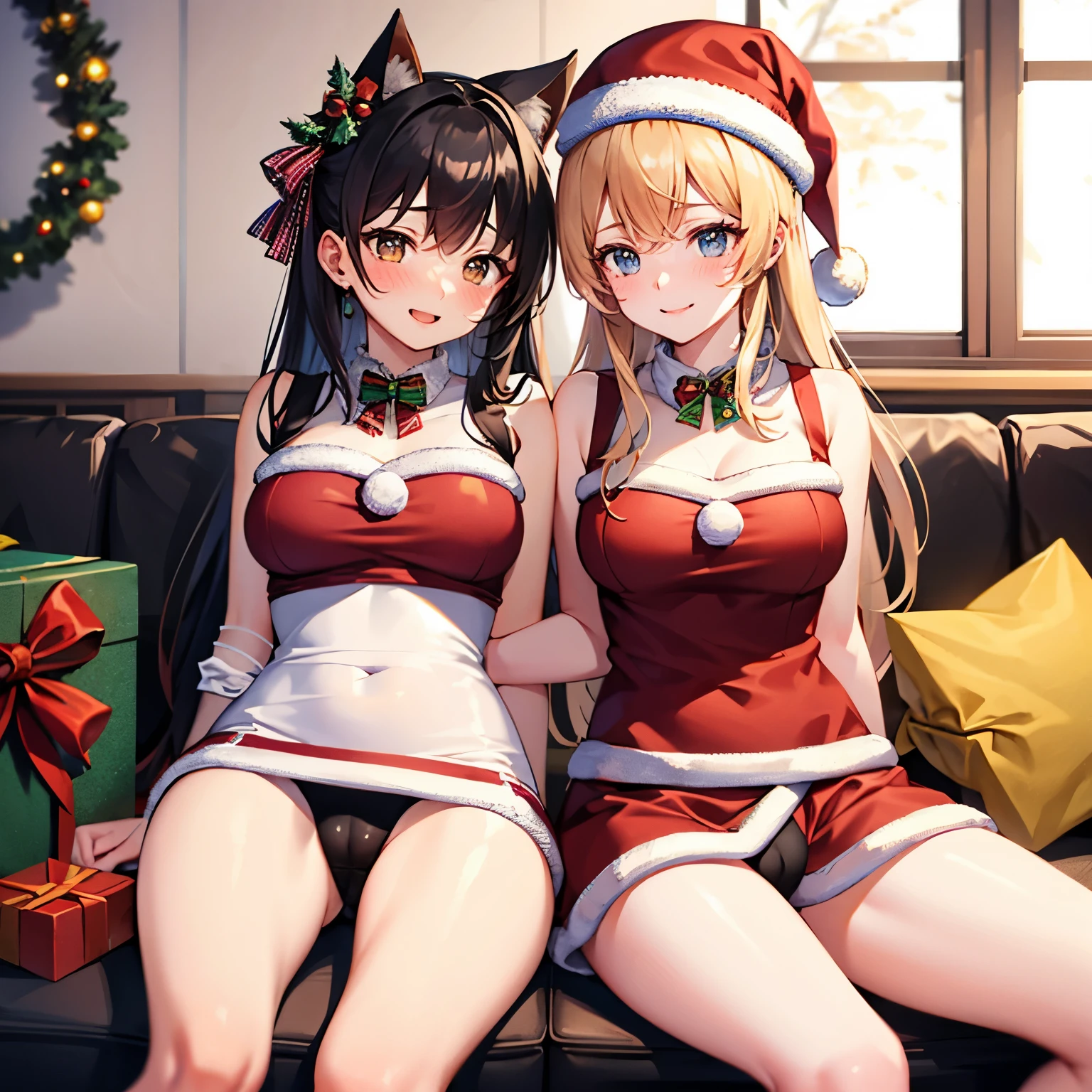 Masterpiece, top quality, 16K UHD,
sitting,
Warm Christmas decorated room, 2girls, cute, warm smiling, blushing, embarrassed, openlegs, cameltoe