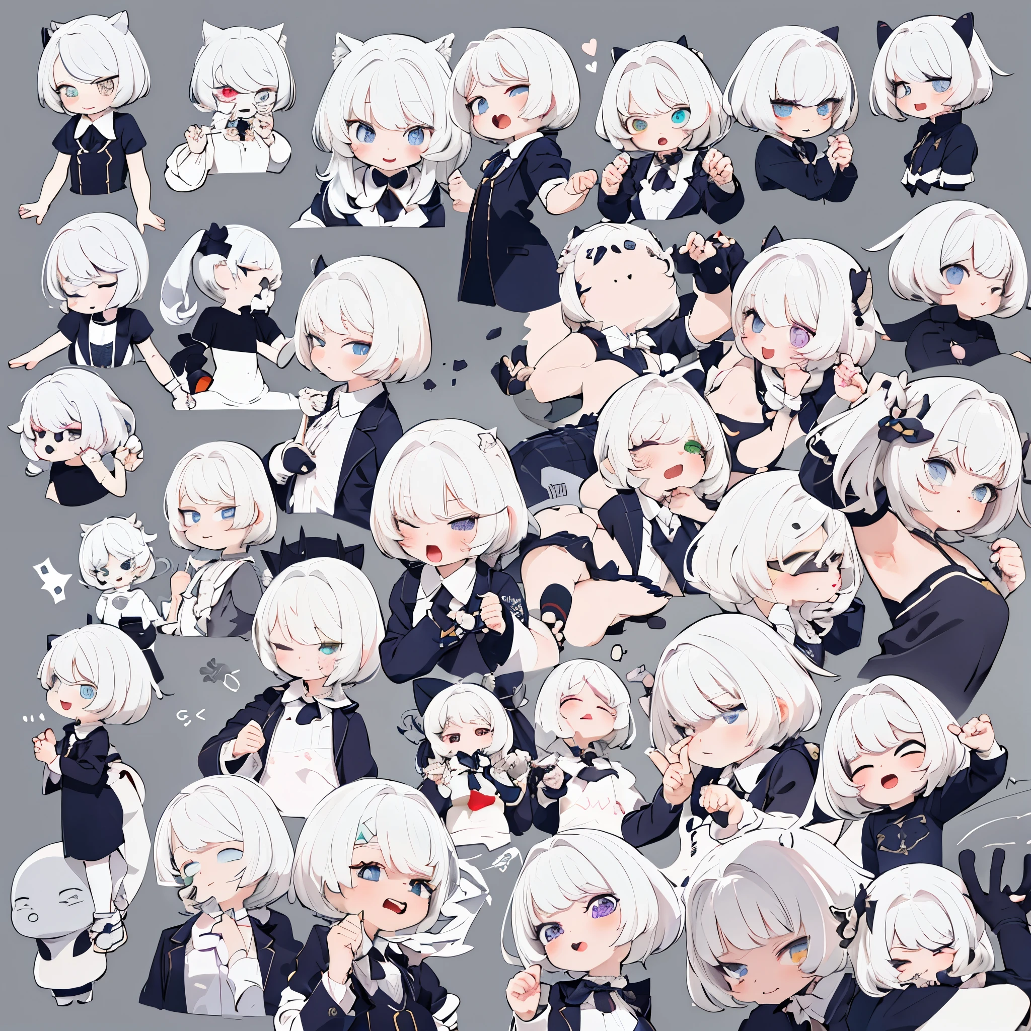 Cat, , multiple sets of poses and expressions, anthropomorphic styles, different emotional styles, cute emoticons, black and white background, erotic