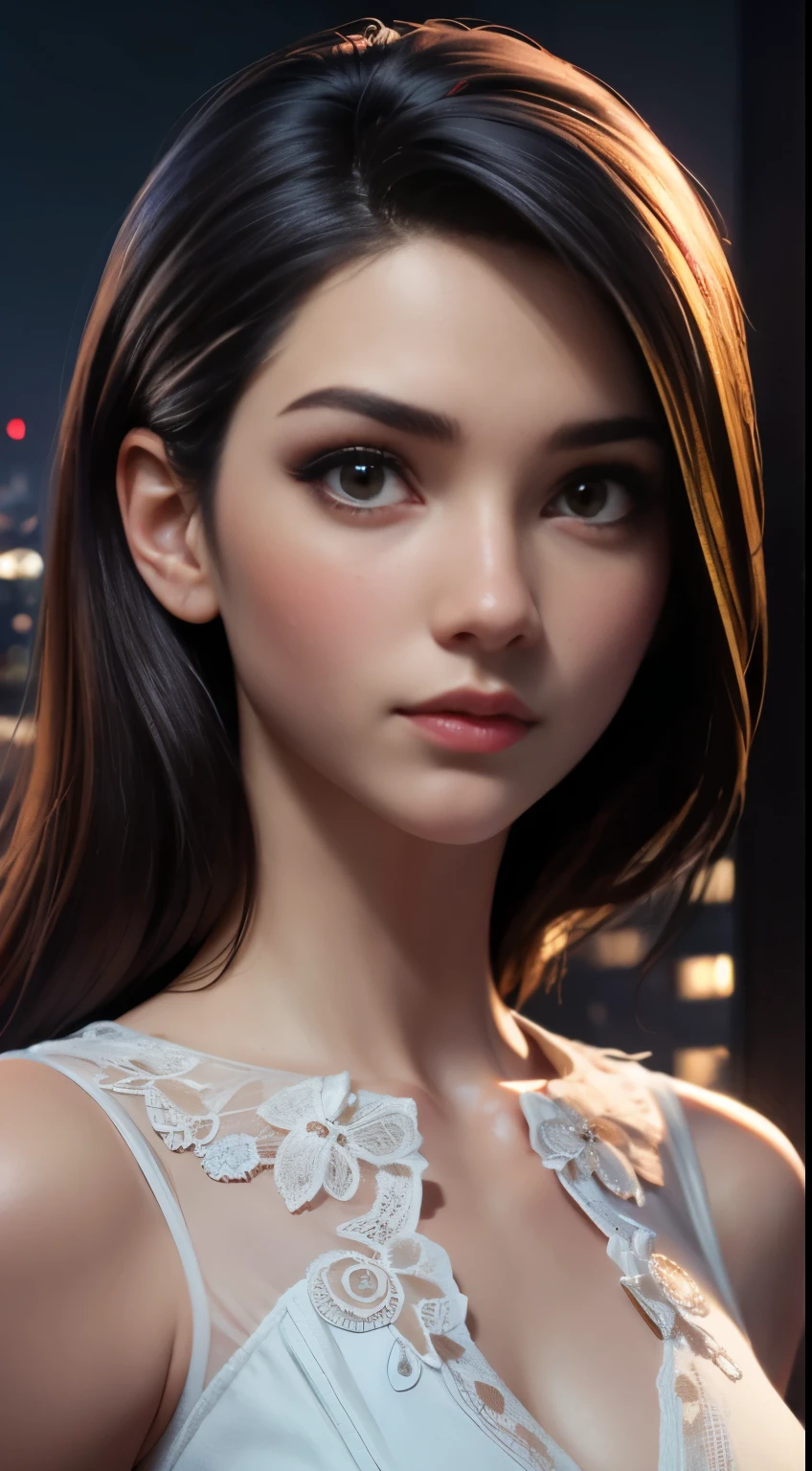 photo of Millie Bobby Brown, RAW, beautiful woman, ((portrait)), ((detailed face:1.2)), ((detailed facial feature, detailed skin, clear skin), (perfect proportioned body), (wearing a colorful dress) (high detailed city environment, apartment balcony), (realistic photo, best quality, detailed), (8k wallpaper), (cinematic lighting, dramatic lighting) (sharp focus, intricate)