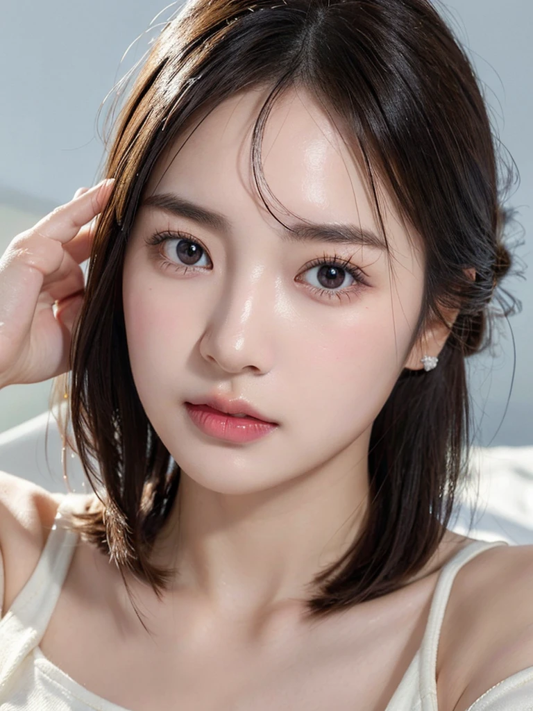 1 girl, (masterpiece:1.3), (4K, RAW, sharp focus, delicate, beautiful composition, best quality,) (photorealistic:1.4), high quality, ultra-detailed, soft shadow, (realistic skin), (intricate details), (latex skin:0.4), (detailed skin:1.erfect glossy shiny skins:0.6), (beautiful eyes), round eyes, pretty face, Blushing face, glossy lips, high nose bridge, lustrous eyes, a face of perfect proportion, realistic humid skin, Ayumi Shiramori, Japanese high school girl, 27year old, Instagram idol, white tank top, (random hair style:1.2), brown hair, navy blue eyes, sexy pose, taking a selfie, bedroom background, minimal, nude shot
